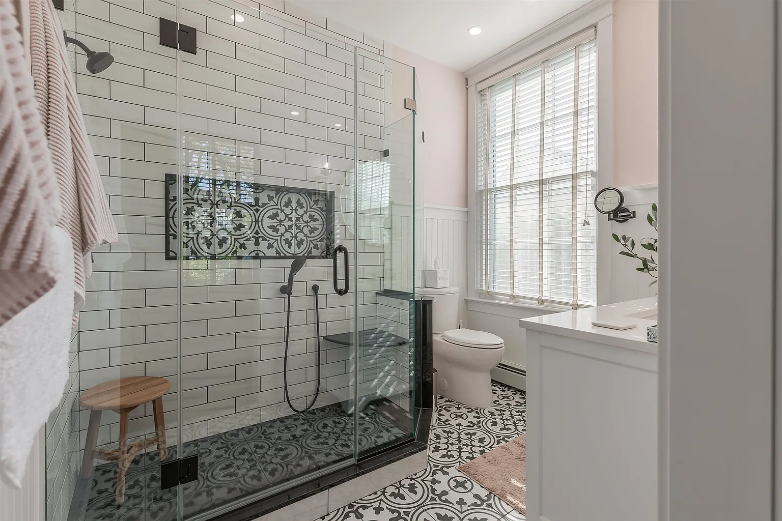 Elegant black and white bathroom shower.