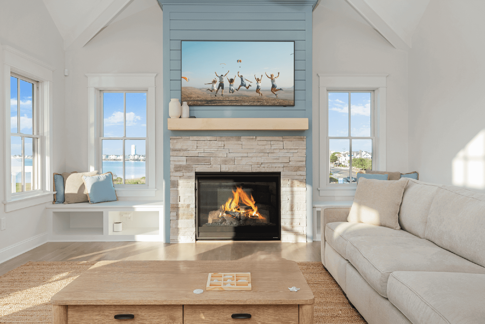 Beach house living room with fireplace.